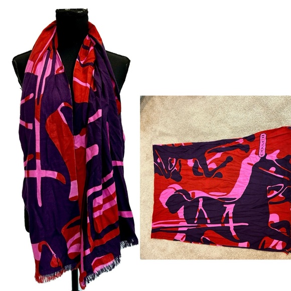 Coach Accessories - Coach horse chariot print scarf vibrant abstract red pink purple